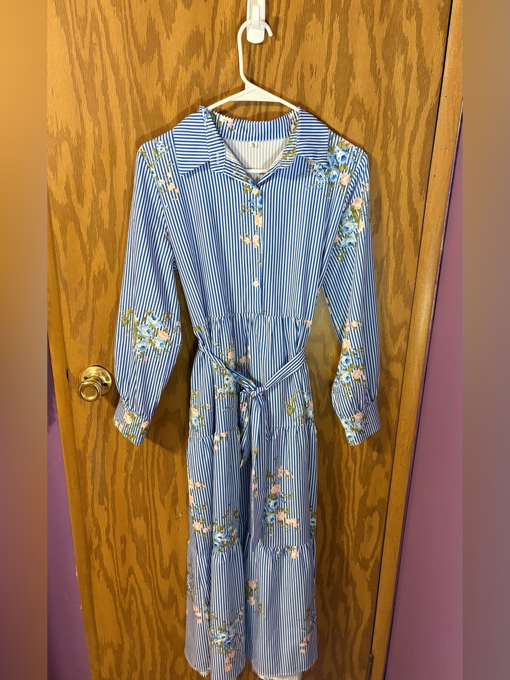 Striped Blue Floral Button-Front Midi Dress with Tie Waist